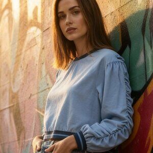 alter Baker Ruched Sleeve Blue Pullover Top | Size Large